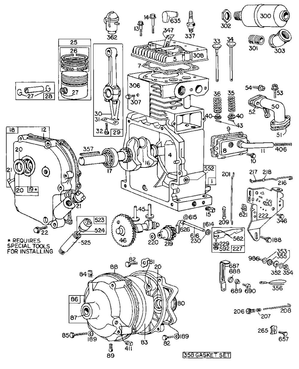Cyl, Piston, Muffler, Crnkcse Diagram and Parts List for 145401-0140-XX  Briggs and Stratton Engine